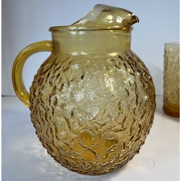 Mid Century Anchor Hocking Milano Lido Honey Gold Pitcher with 5 Glasses - Picture 4 of 12